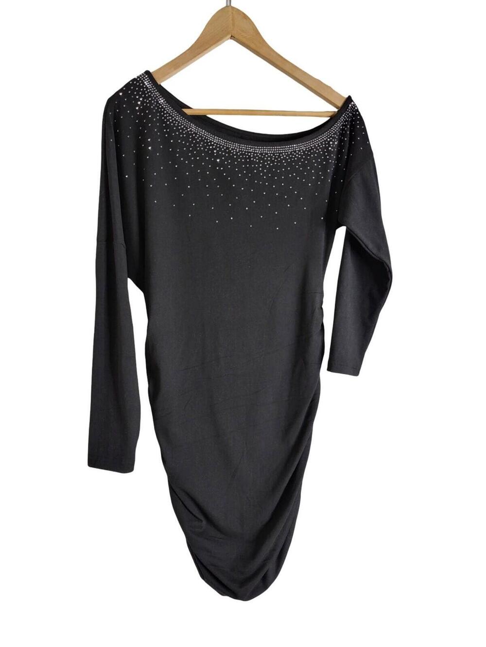 Shein Black Dress Rhinestone Studded Neckline Ruched Sides Off The Shoulder Sz M